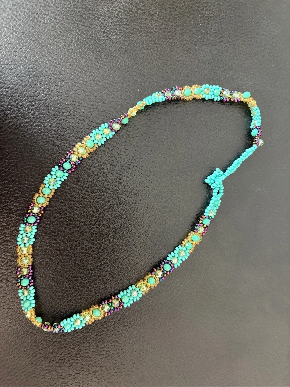 Turquoise Floral Beaded Necklace - Gold & Purple Accents